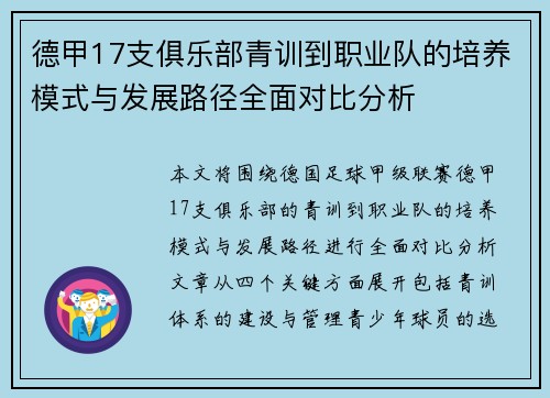 德甲17支俱乐部青训到职业队的培养模式与发展路径全面对比分析