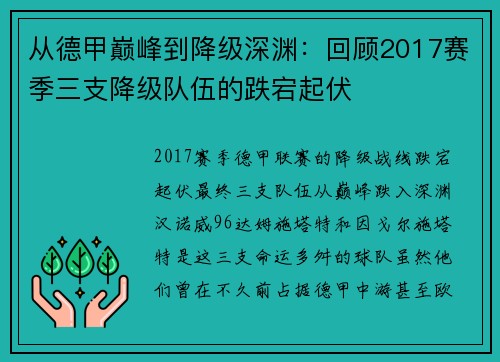 从德甲巅峰到降级深渊：回顾2017赛季三支降级队伍的跌宕起伏