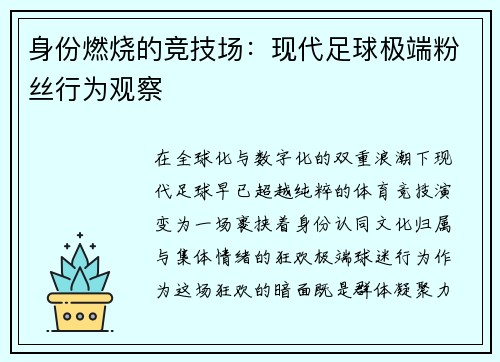 身份燃烧的竞技场：现代足球极端粉丝行为观察