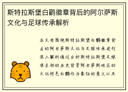 斯特拉斯堡白鹳徽章背后的阿尔萨斯文化与足球传承解析