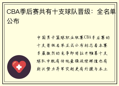 CBA季后赛共有十支球队晋级：全名单公布