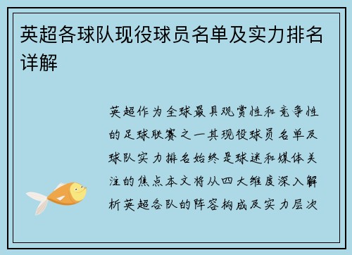 英超各球队现役球员名单及实力排名详解